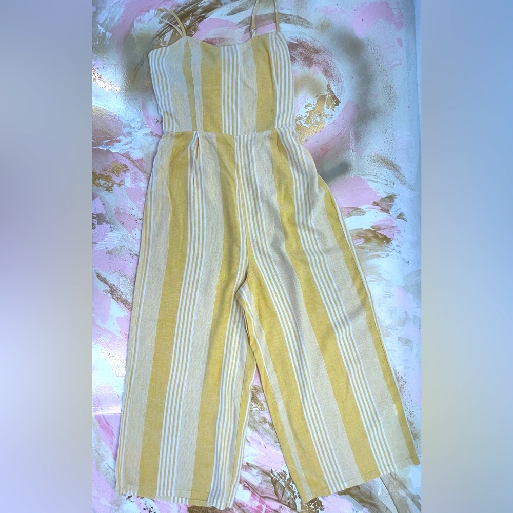 Soho NY&Co Street yellow white striped linen jumpsuit romper M
